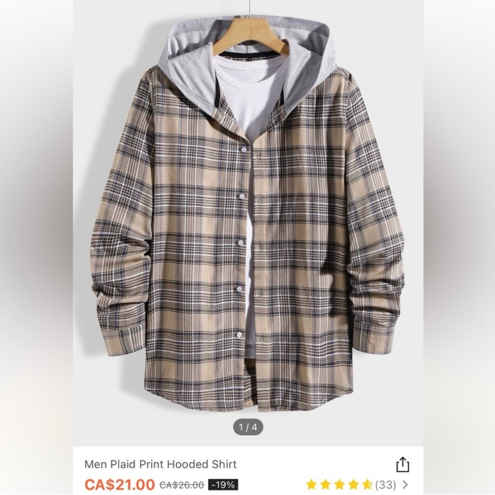 SHEIN Plaid Print Hooded Shirt Jacket - Tan and Gray